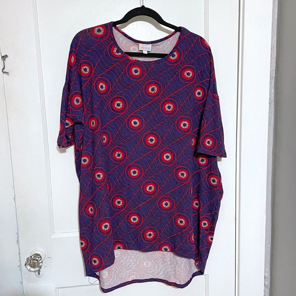LuLaRoe Women's Irma Tunic T-Shirt Blue Red Feather Eye Print Sz Large High Low